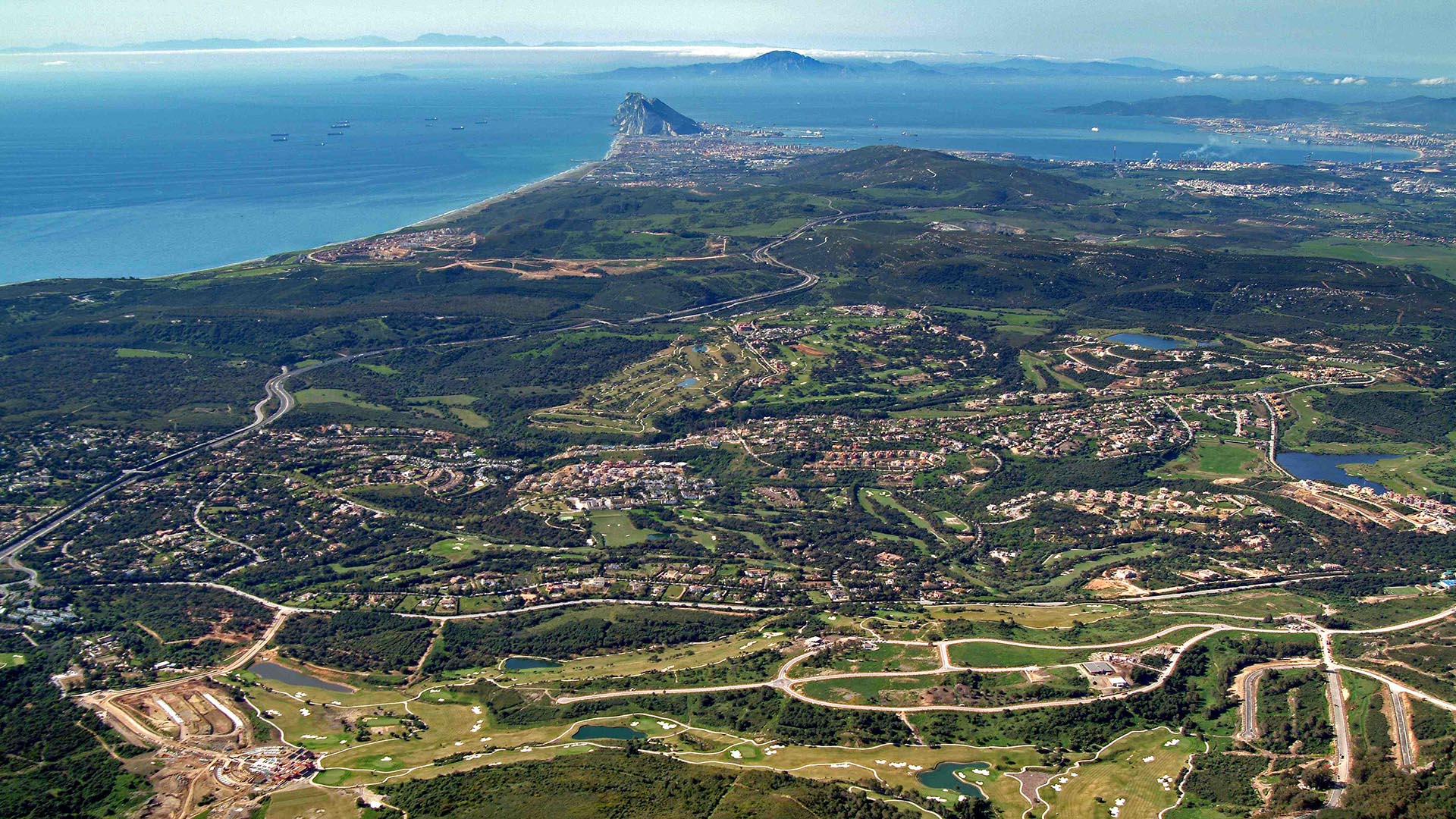 Drone view of Sotogrande, Gibraltar and Cadiz. Affordable development in Sotogrande