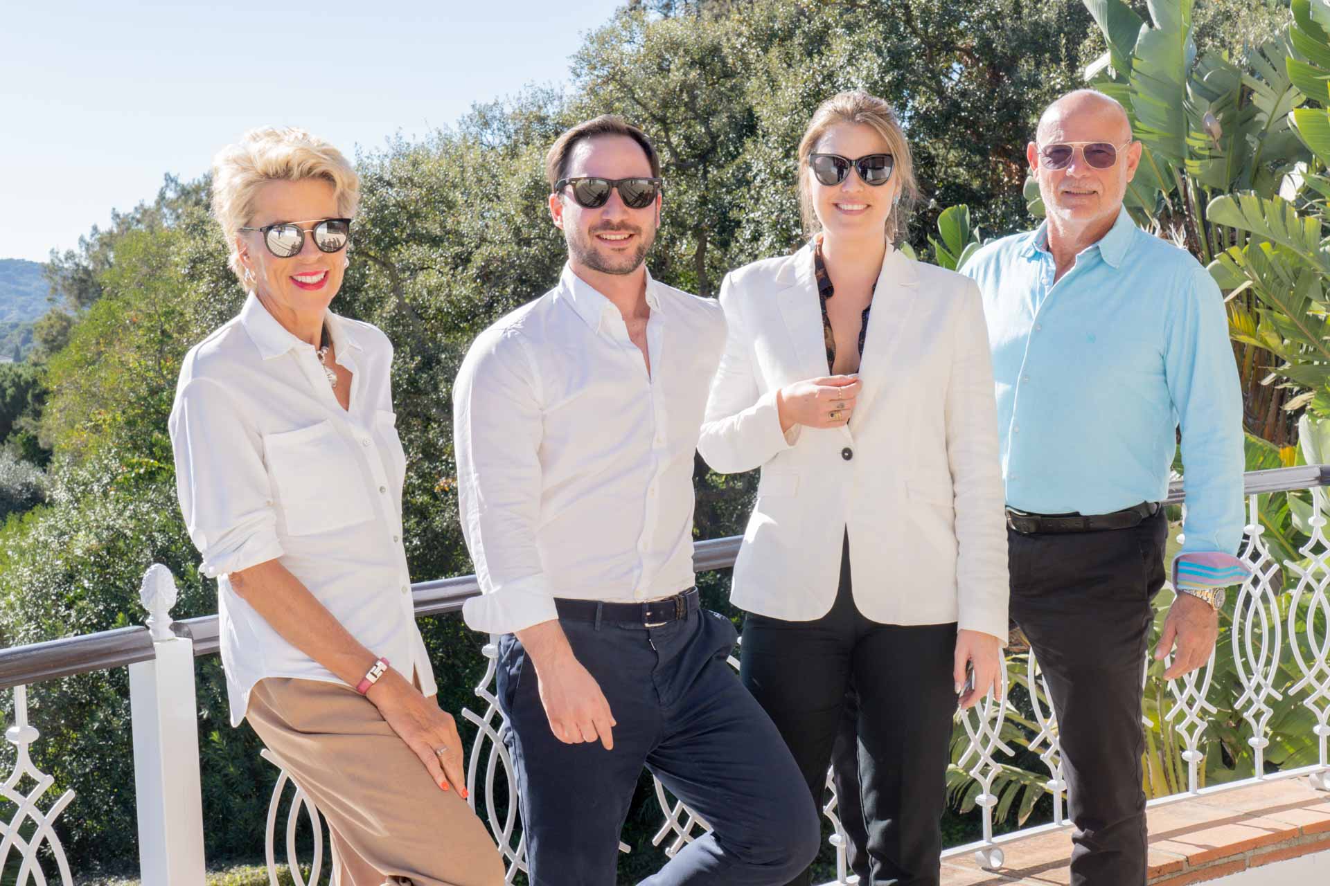 Stephanie Noll, Jorge Martí, Camila Schüler, Charles Gubbins at a sunny terrace from a Sotogrande Luxury Villa For Sale